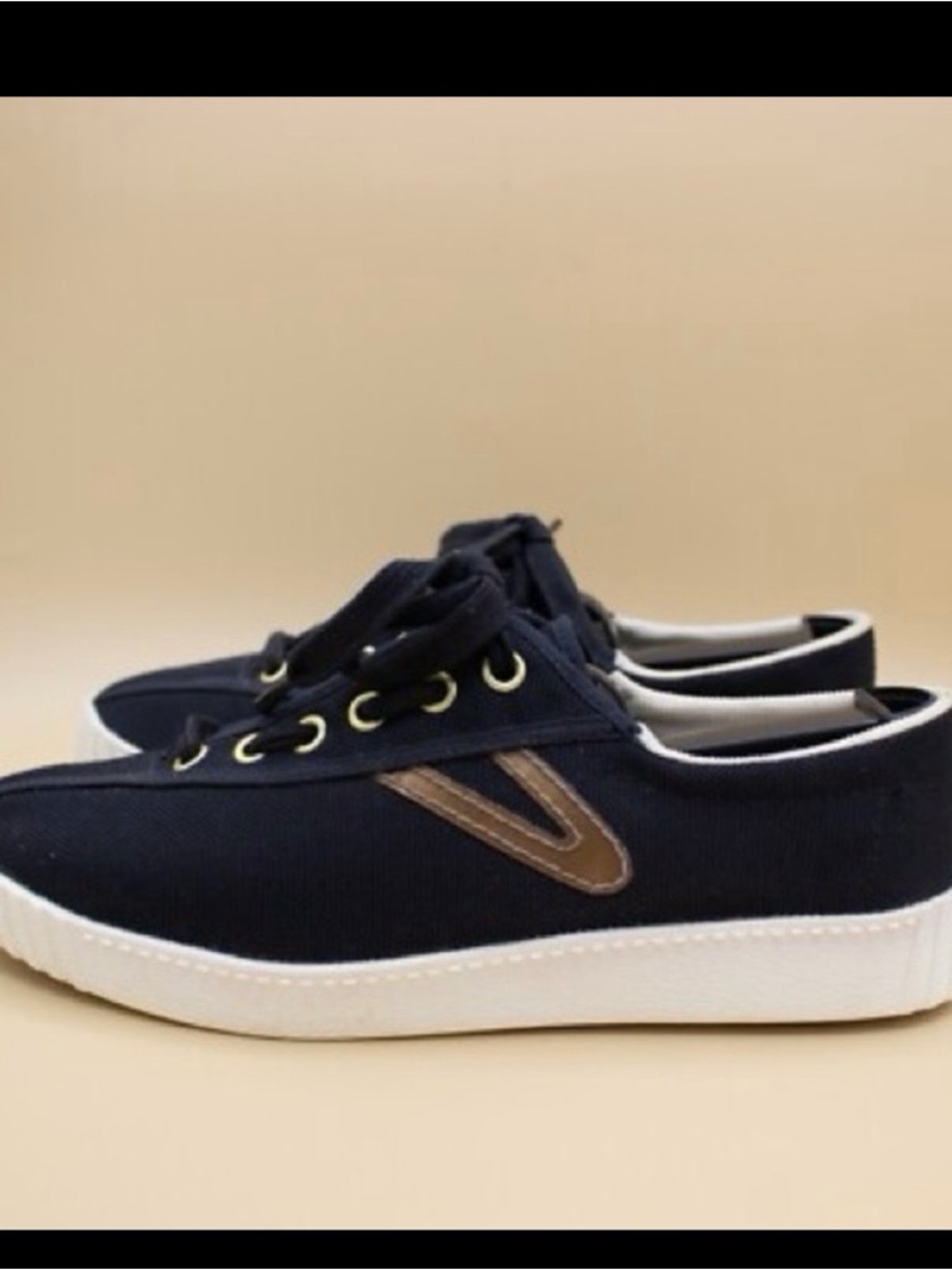 Tretorn Black Canvas Sneakers with Gold Logo Trim